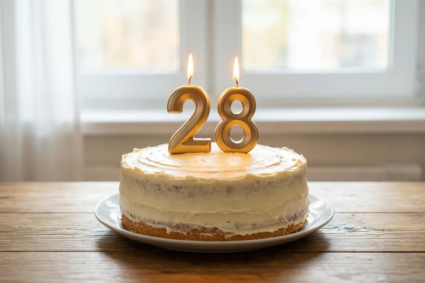 Een zelfgemaakte roomtaart met twee brandende gouden cijferkaarsen die 28 vormen staat op een wit bord op een houten tafel, met een raam op de achtergrond.