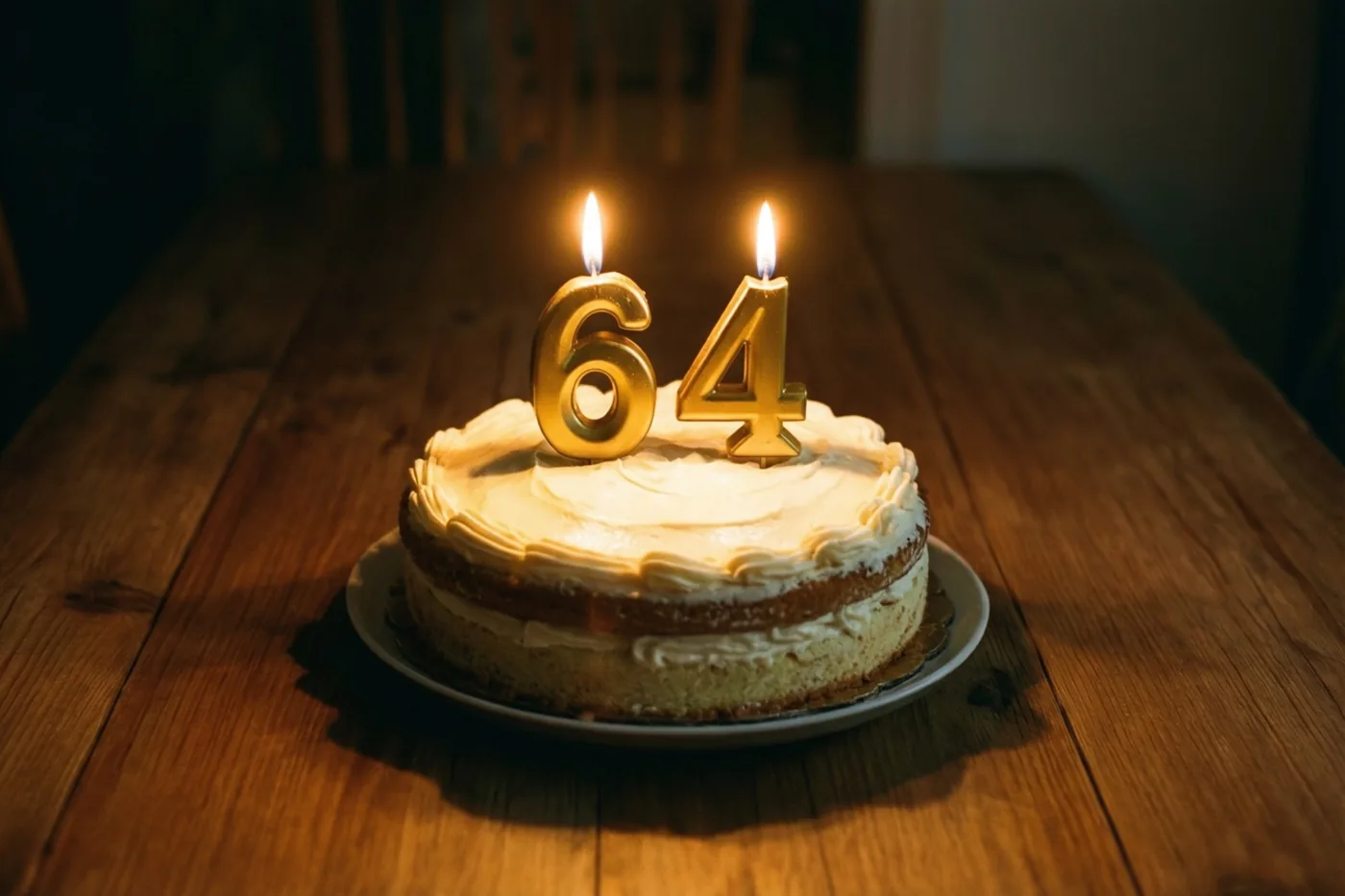 Een zelfgemaakte roomtaart met brandende gouden cijferkaarsjes die 64 vormen staat in warm kaarslicht op een houten tafel.