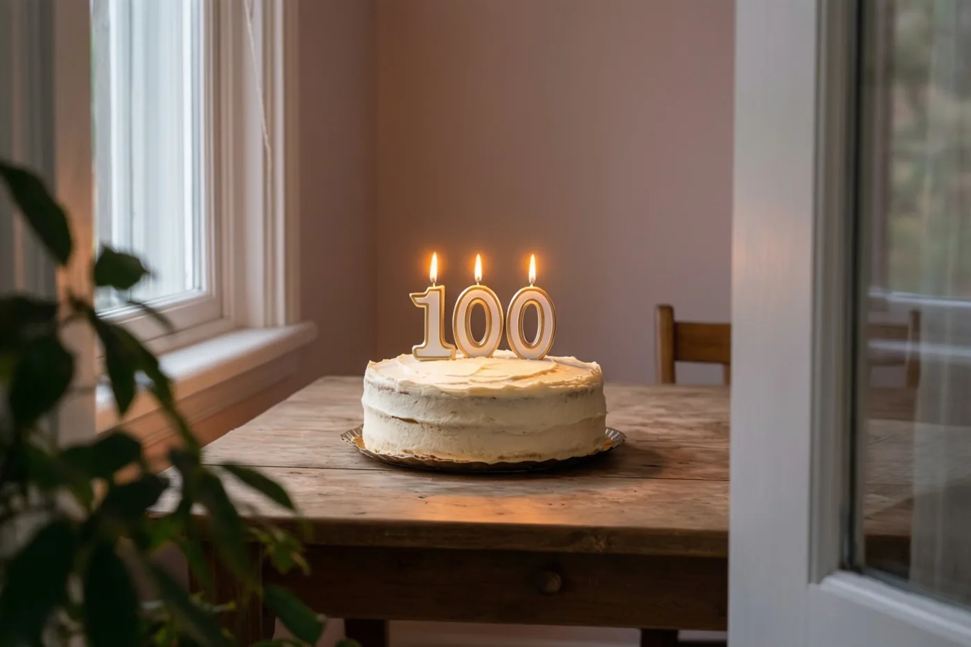Een zelfgemaakte roomtaart met brandende cijferkaarsjes die 100 vormen staat op een houten tafel, met ramen en een plant op de achtergrond.