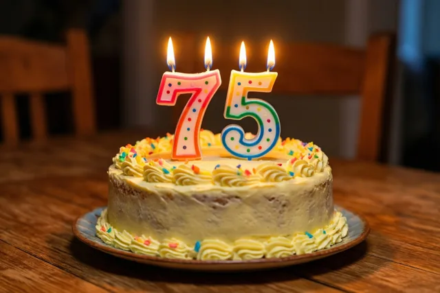 Een zelfgemaakte roomtaart met brandende cijferkaarsen in de vorm van 75, gekleurde suikerstrooisels en opgespoten versiering staat op een houten tafel.