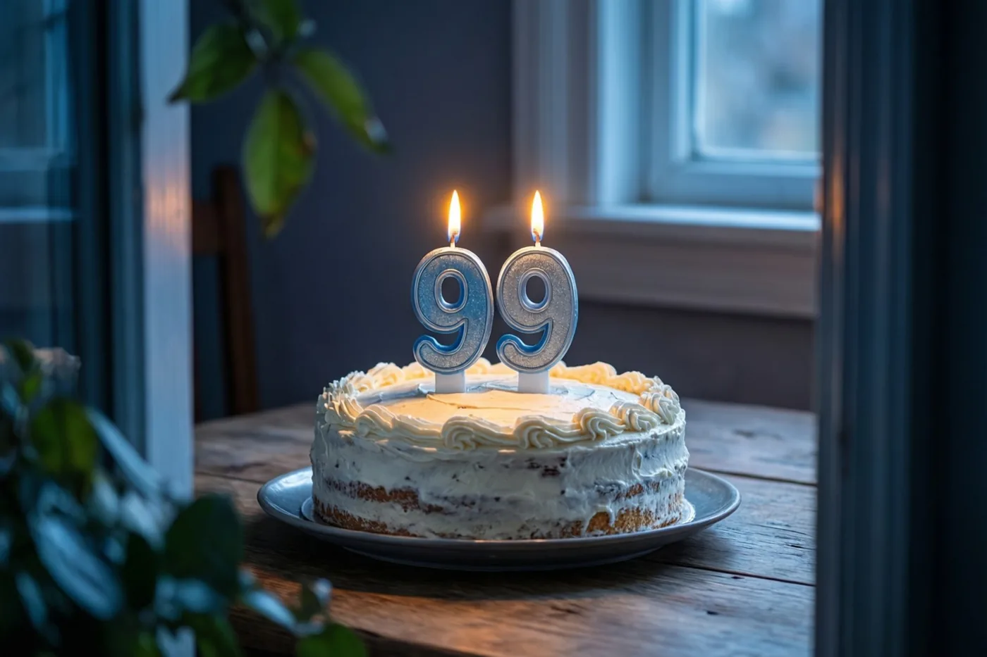 Een zelfgemaakte roomtaart met twee brandende cijferkaarsen 99 staat op een houten tafel, met een raam en groen op de achtergrond.
