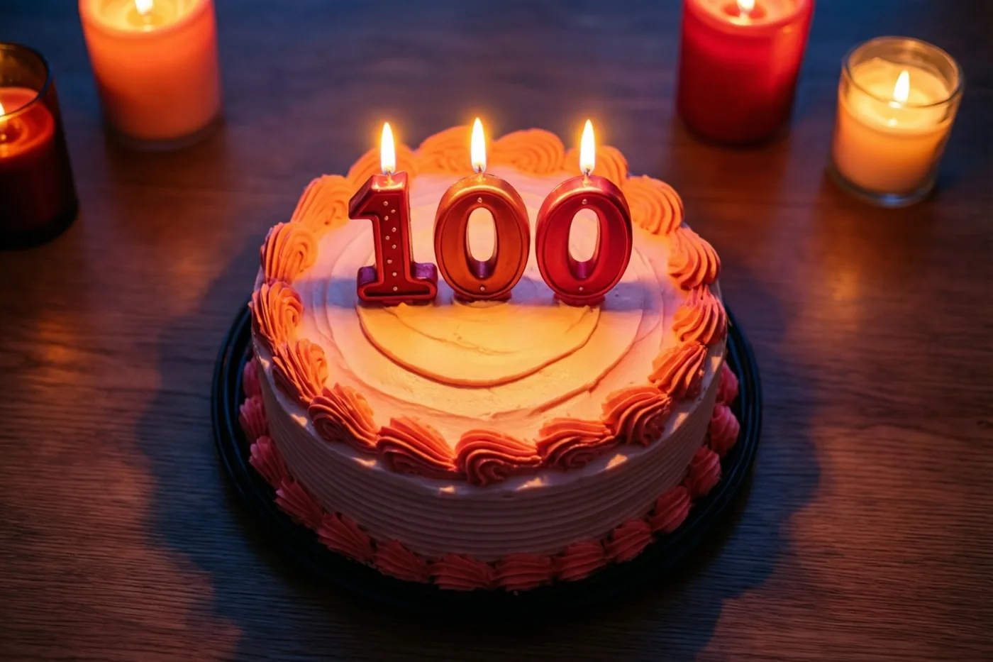 Een ronde roomtaart met oranje opgespoten versiering en rode brandende cijferkaarsjes 100 staat op een houten tafel tussen kaarsen.