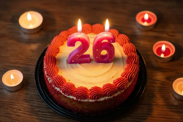 Een ronde roomtaart met een rode opgespoten rand en twee brandende roze cijferkaarsjes die 26 vormen staat op een houten tafel tussen theelichtjes.