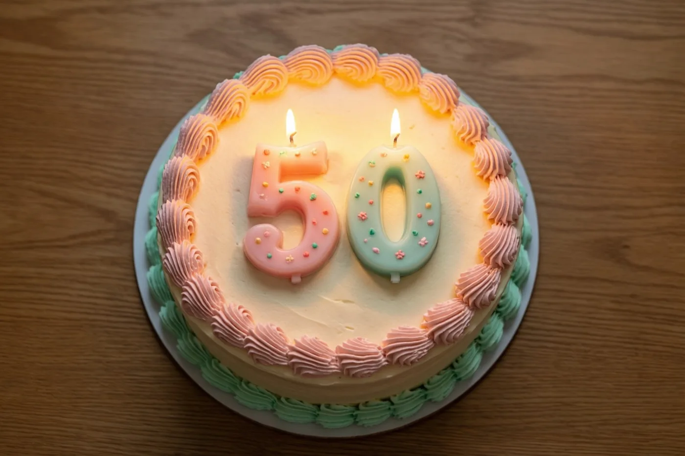 Een ronde roomtaart met opgespoten randen staat op een houten tafel, met twee brandende cijferkaarsjes die 50 vormen.