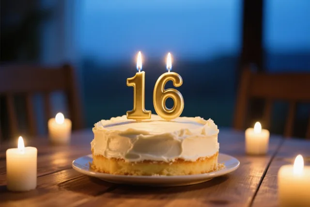 Een zelfgemaakte roomtaart met brandende cijferkaarsen die samen 16 vormen staat binnenshuis op een houten tafel, tegen een onscherpe blauwe achtergrond.