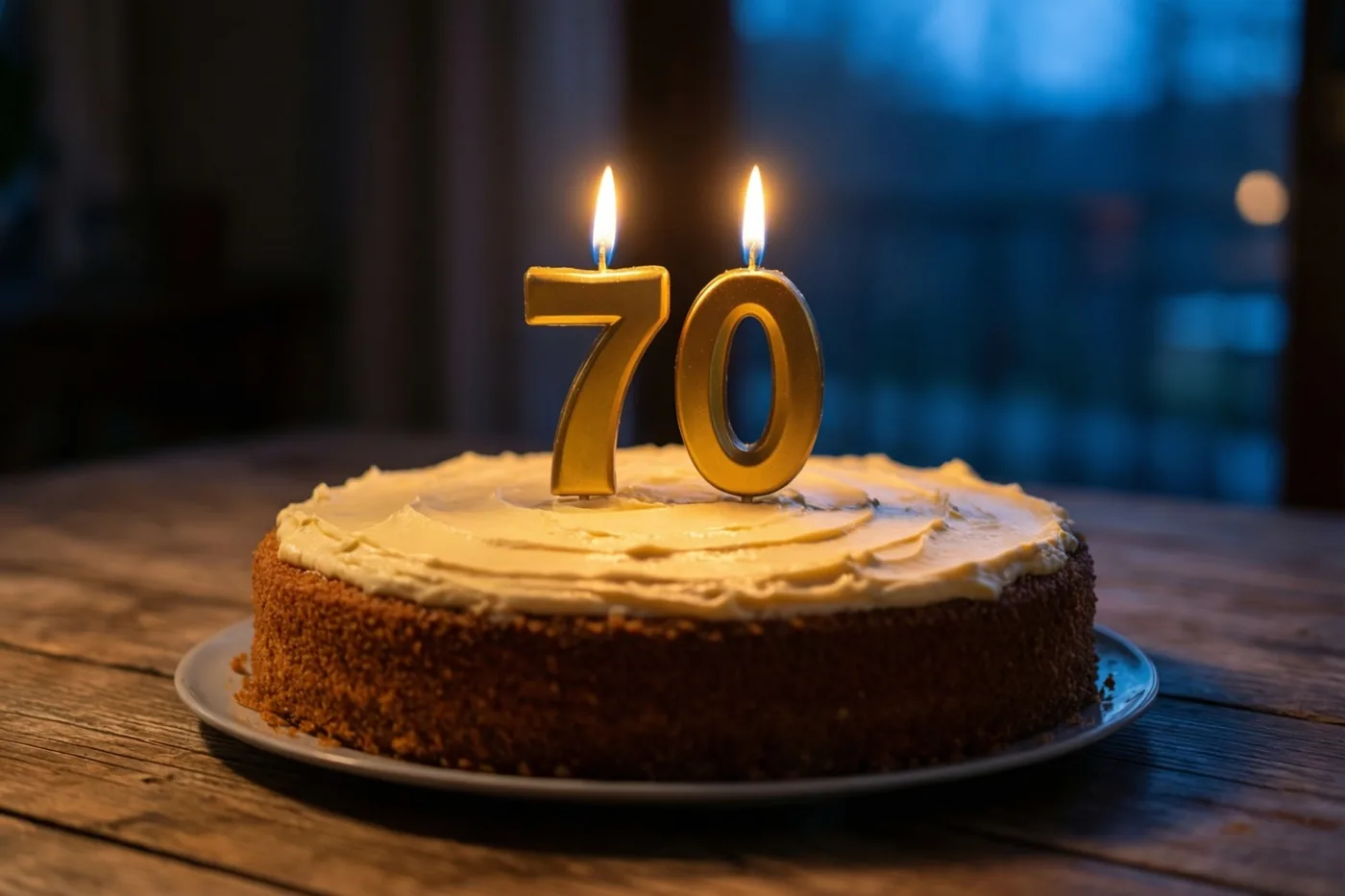 Een zelfgemaakte roomtaart met brandende cijferkaarsen in de vorm van 70 staat op een houten tafel tegen een wazige blauwe achtergrond.