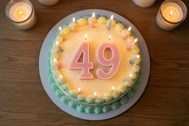 Een ronde roomtaart met pastelkleurig glazuur en brandende cijferkaarsen 49 staat op een houten tafel tussen brandende kaarsen in glazen houders.