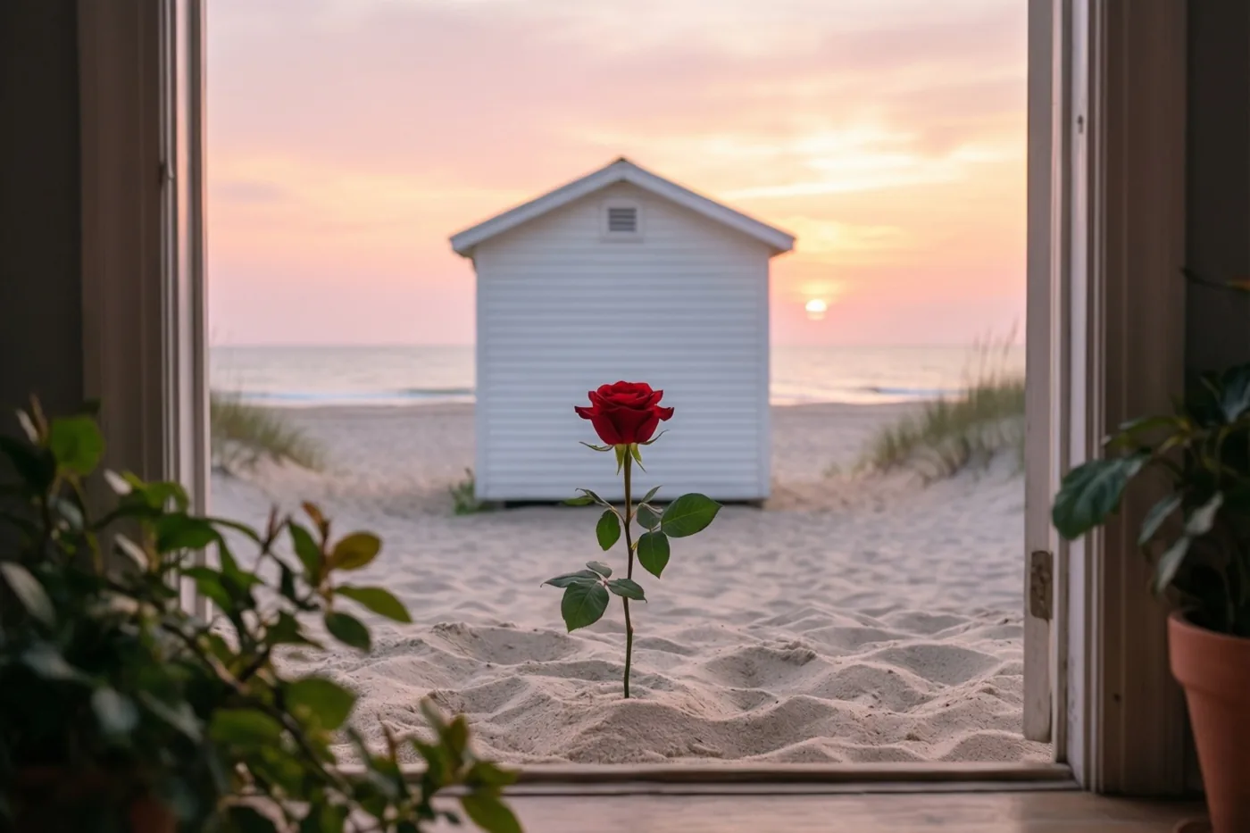 Door een open deuropening met kamerplanten is een rode roos te zien die in het zand voor een wit strandhuisje steekt, onder een roze-oranje lucht bij zonsondergang.