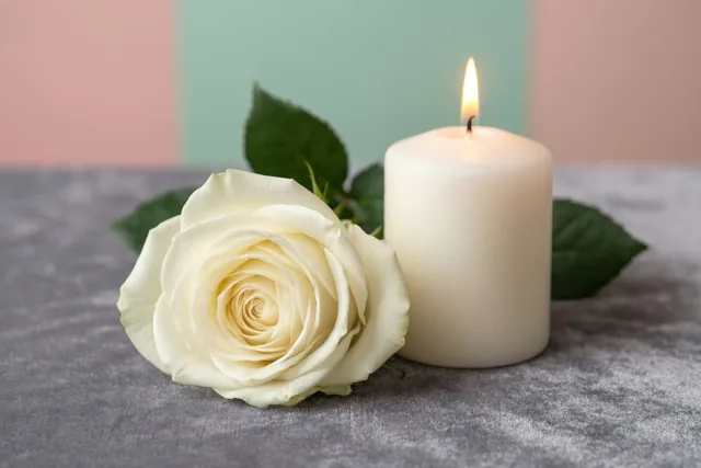 Een witte roos en een brandende witte kaars bevinden zich op duifgrijs fluweel voor panelen in pastelroze en mintgroen.