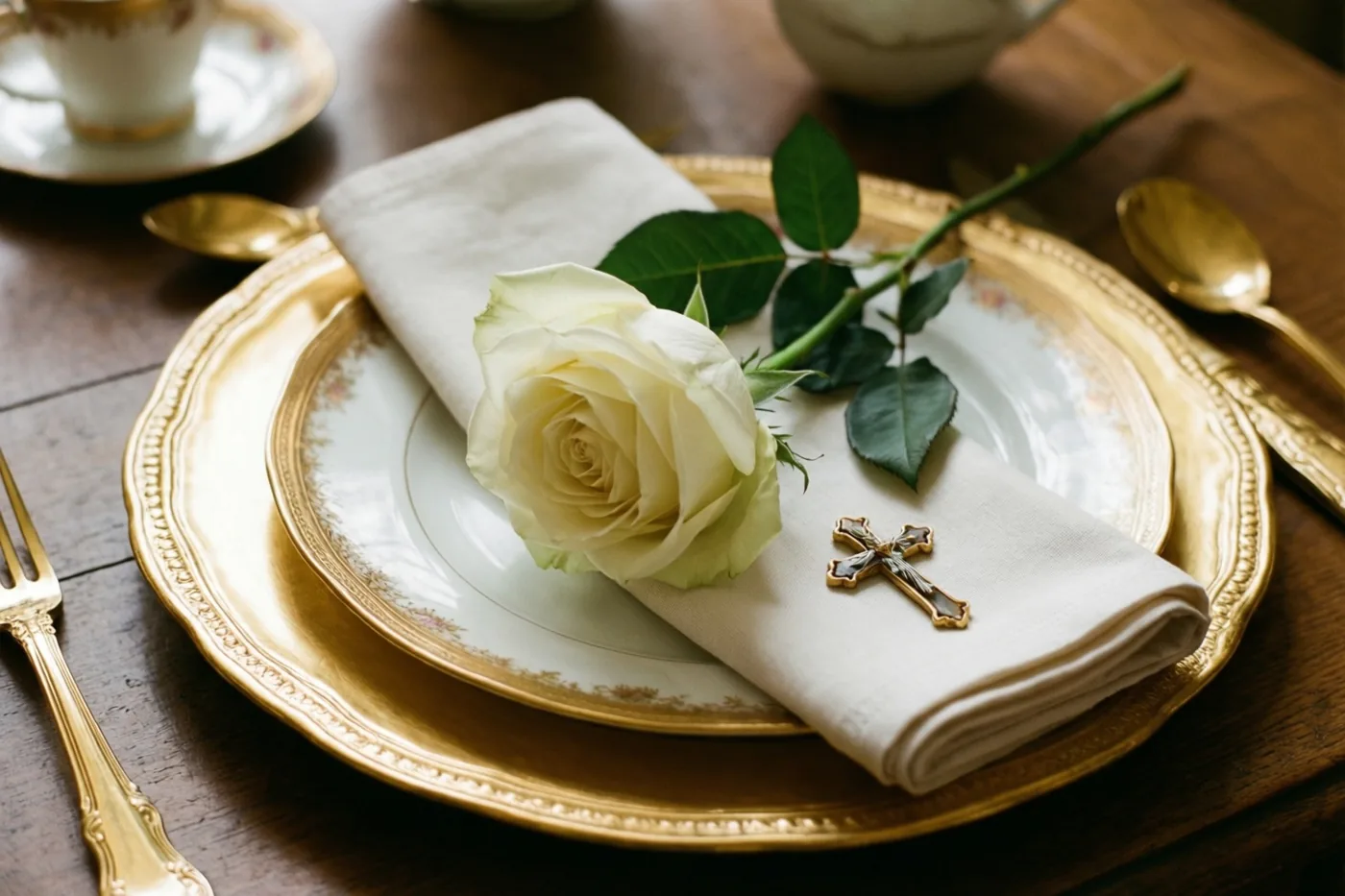 Een witte roos en een klein kruisje liggen op een gevouwen servet op porseleinen borden met gouden randen, op een donkerhouten tafel met goudkleurig bestek.