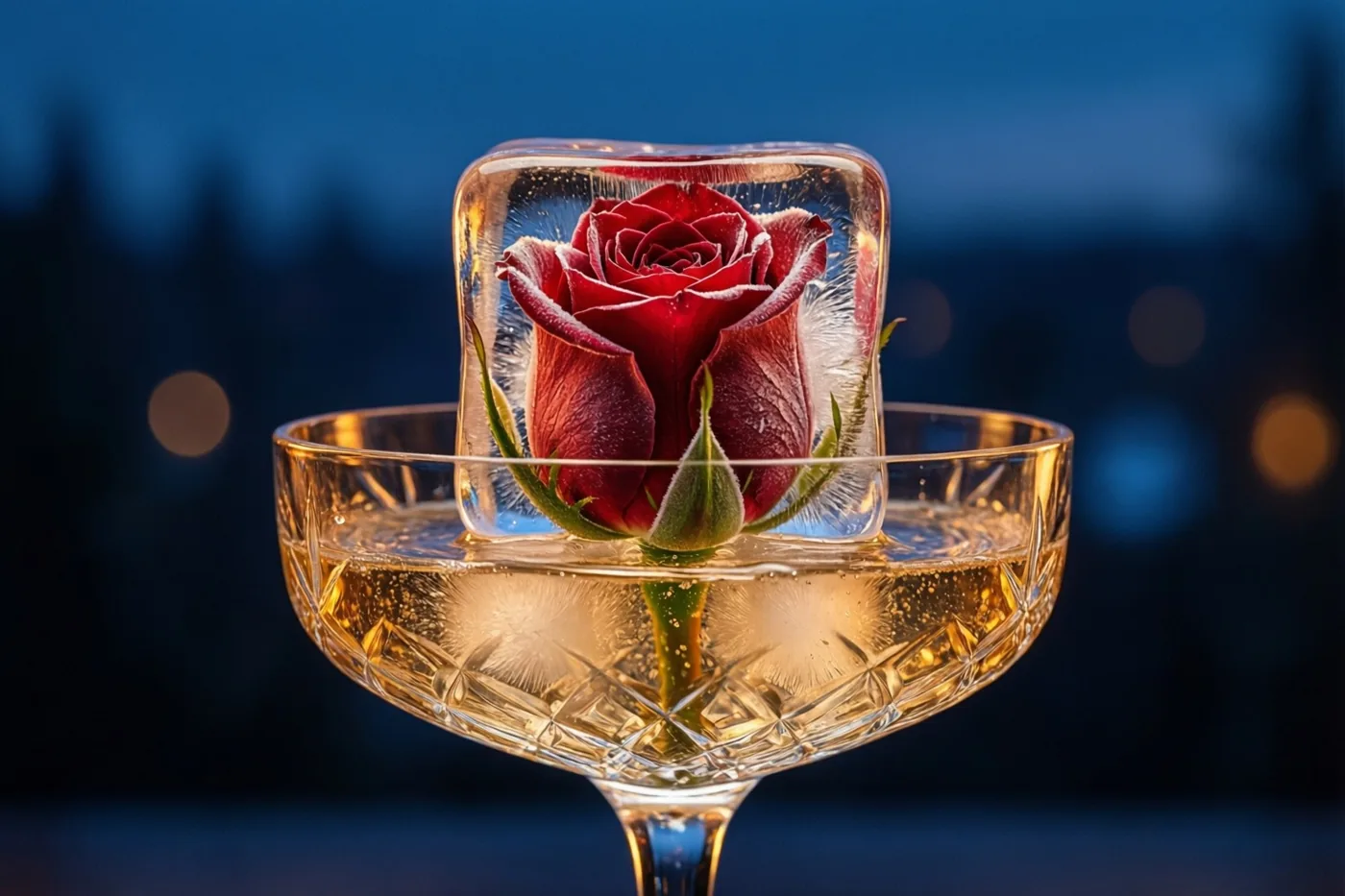 Een rode roos zit bevroren in een helder ijsblokje in een kristallen champagnecoupe met bruisende vloeistof, tegen een onscherpe donkerblauwe achtergrond met lichtvlekken.