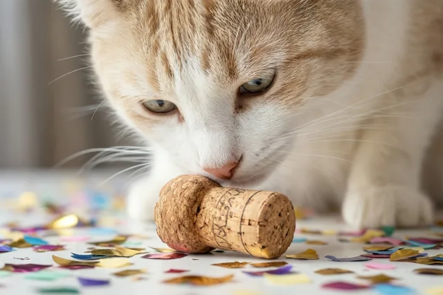 Een ros-witte kat snuffelt aan een champagnekurk op een witte tafel met kleurrijke confetti.