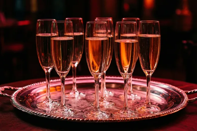 Een zilveren dienblad met glazen mousserende roséchampagne staat op een donkere houten tafel in warm licht met rode en gouden tinten.