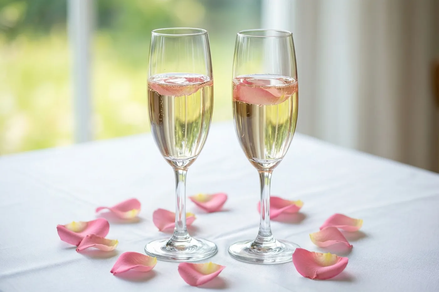 Twee champagnefluiten met mousserende rosé staan op een wit tafelkleed tussen roze rozenblaadjes, met zacht daglicht van een raam op de achtergrond.