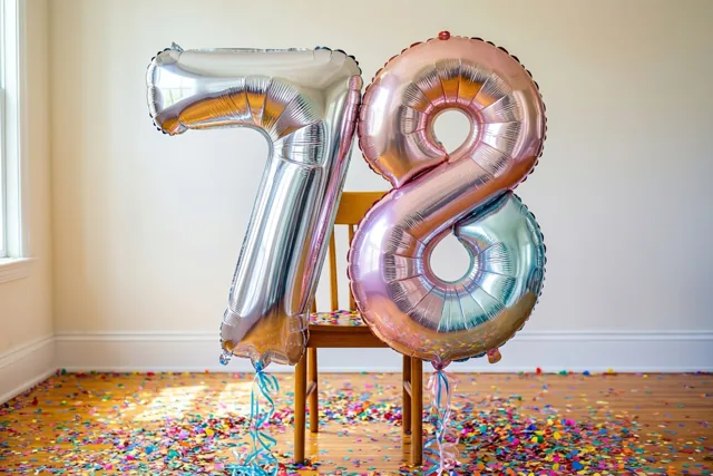 Folieballonnen in de vorm van een 7 en een 8 hangen aan een houten stoel, met zilveren en zacht roségouden weerspiegelingen en kleurrijke confetti op de vloer.