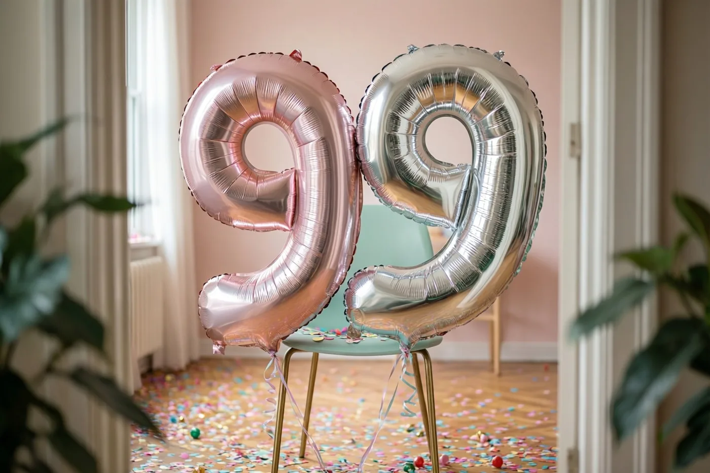 Een roségouden en een zilveren folieballon vormen samen 99 en zijn vastgemaakt aan een stoel in een lichte kamer met kleurrijke confetti op de houten vloer.