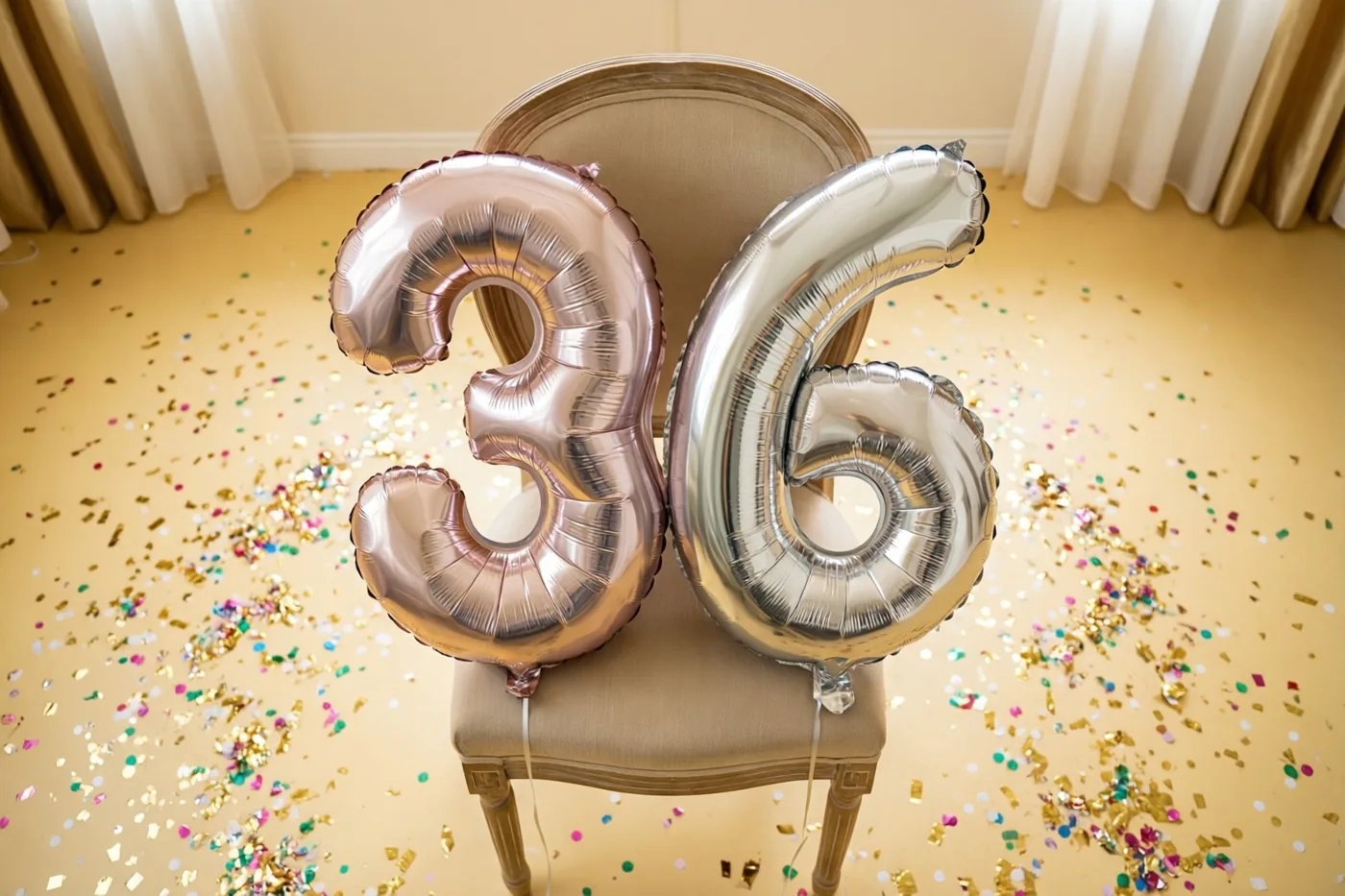 Een roségouden ballon in de vorm van 3 en een zilveren ballon in de vorm van 6 zijn vastgemaakt aan een beige stoel in een lichte kamer met kleurrijke confetti op de vloer.