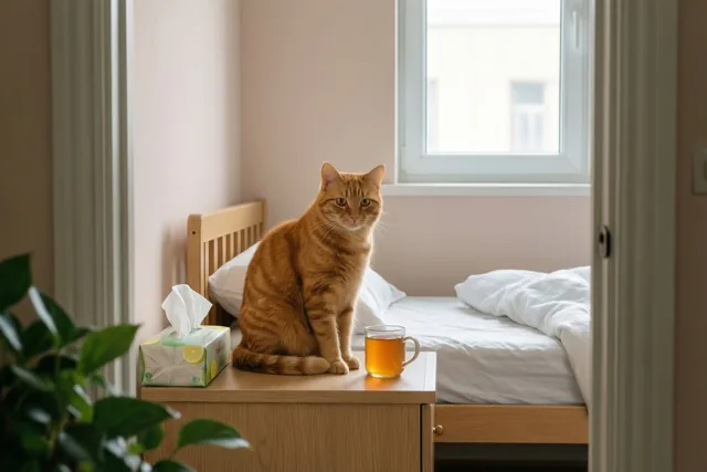 Een rosse kat zit rechtop op een houten nachtkastje naast een glazen mok thee en een doos zakdoekjes, met wit beddengoed achter zich en daglicht vanuit een raam.
