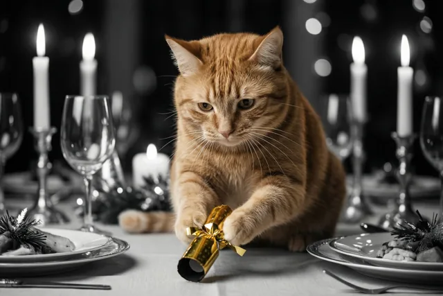 Een rosse kat zit aan een tafel bij kaarslicht en tikt tegen een gouden knalbonbon, met borden, glazen en brandende kaarsen op de achtergrond.