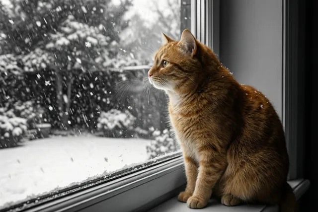 Een rosse kat zit binnen op een vensterbank en kijkt naar vallende sneeuw in een tuin, waarbij alleen de kat warme kleuren heeft tegen een zwart-witte achtergrond.