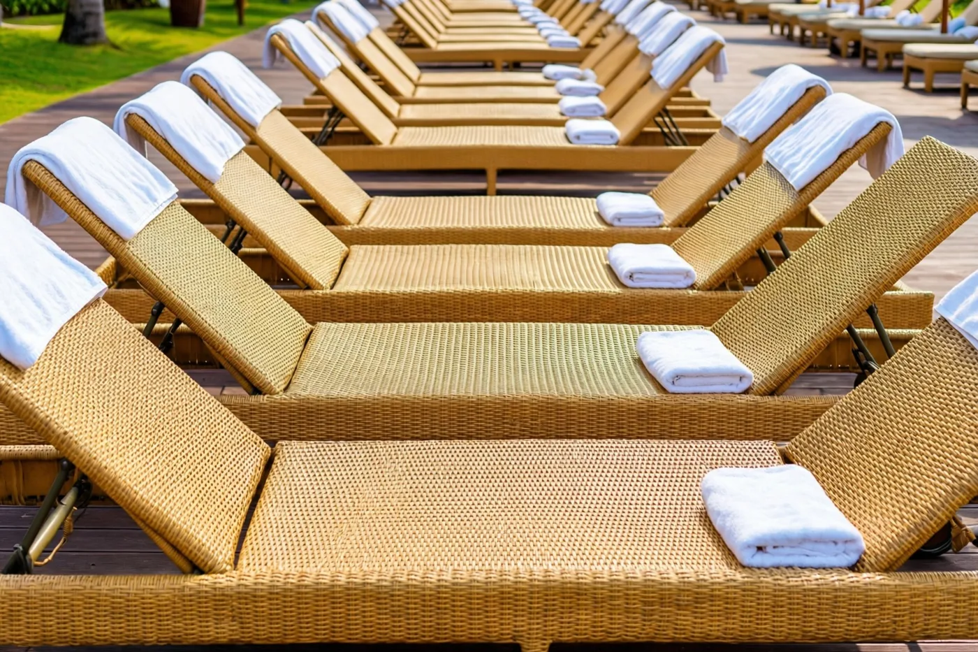 Rijen beige rotan ligstoelen met witte handdoeken staan op een houten terras bij een strandclub in helder zonlicht.