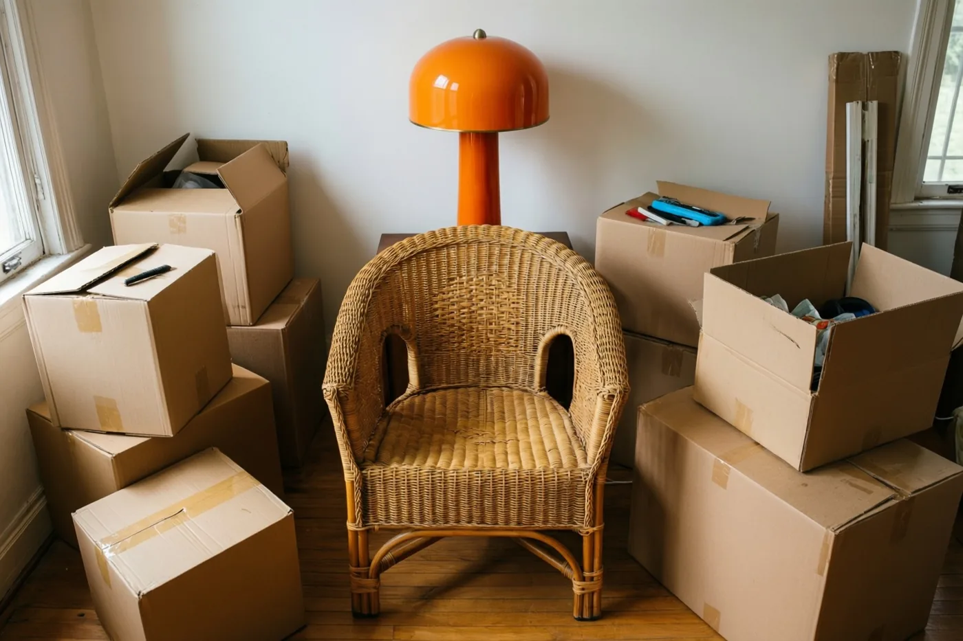 Een rotan stoel en een oranje lamp in jarenzeventigstijl staan midden in een verder lege kamer, omringd door kartonnen verhuisdozen en verlicht door daglicht.