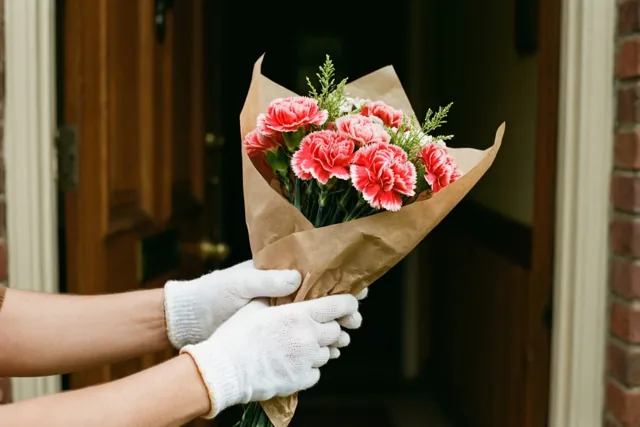 Handen in witte katoenen handschoenen houden een boeket roze anjers in bruin papier bij een houten voordeur, met een bakstenen muur en een donkere deuropening erachter.
