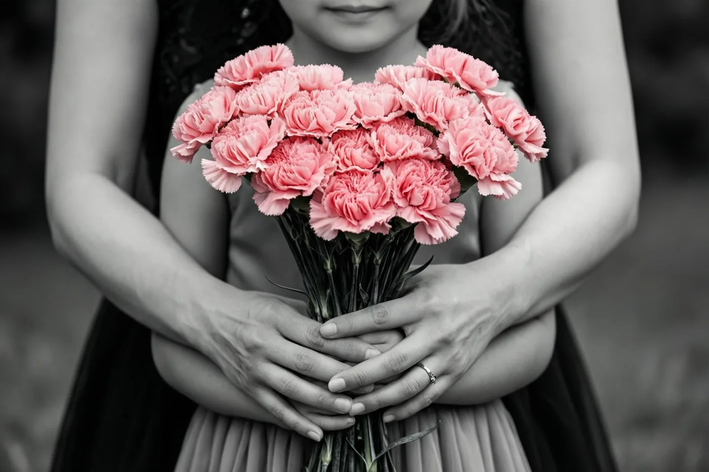 De handen van een moeder en kind houden samen een hartvormig boeket roze anjers vast, waarbij alleen de bloemen kleur hebben in het verder zwart-witte beeld.