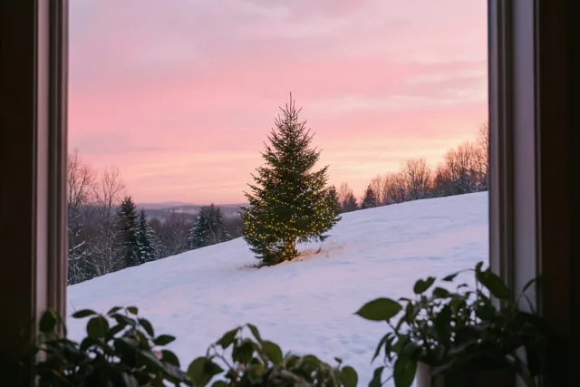 Door een raam met groen op de voorgrond is een besneeuwde helling te zien met een spar vol lichtjes onder een roze winterzonsondergang.