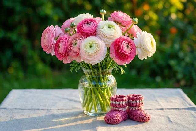 Een glazen vaas met roze en witte ranonkels staat naast kleine roze gebreide babyslofjes op een licht linnen tafelkleed, met een onscherpe groene tuin erachter.