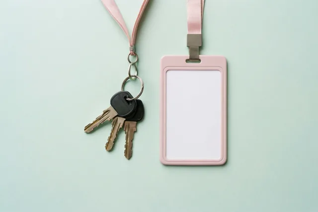 Drie sleutels en een blanco roze toegangsbadge hangen aan roze halskoorden tegen een licht mintgroene ondergrond.