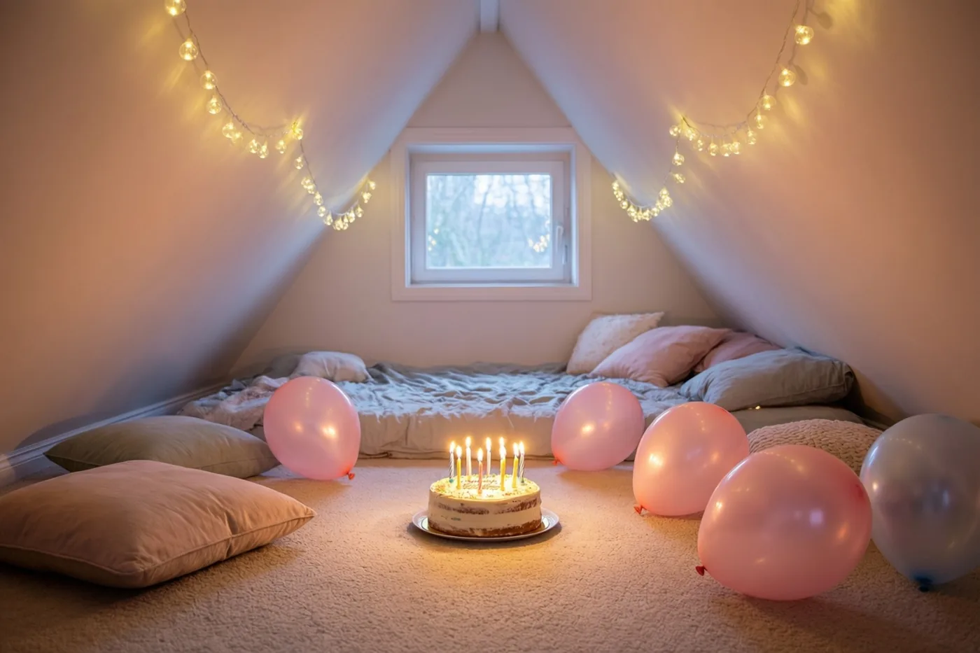Een taart met brandende kaarsjes staat op het tapijt in een zolderkamer met schuine wanden, roze ballonnen, vloerkussens en lichtslingers langs de muren.