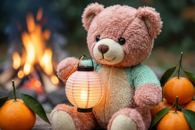 Een roze teddybeer in een groene trui houdt een brandende papieren lantaarn vast naast mandarijnen met blaadjes, met een onscherp kampvuur op de achtergrond.