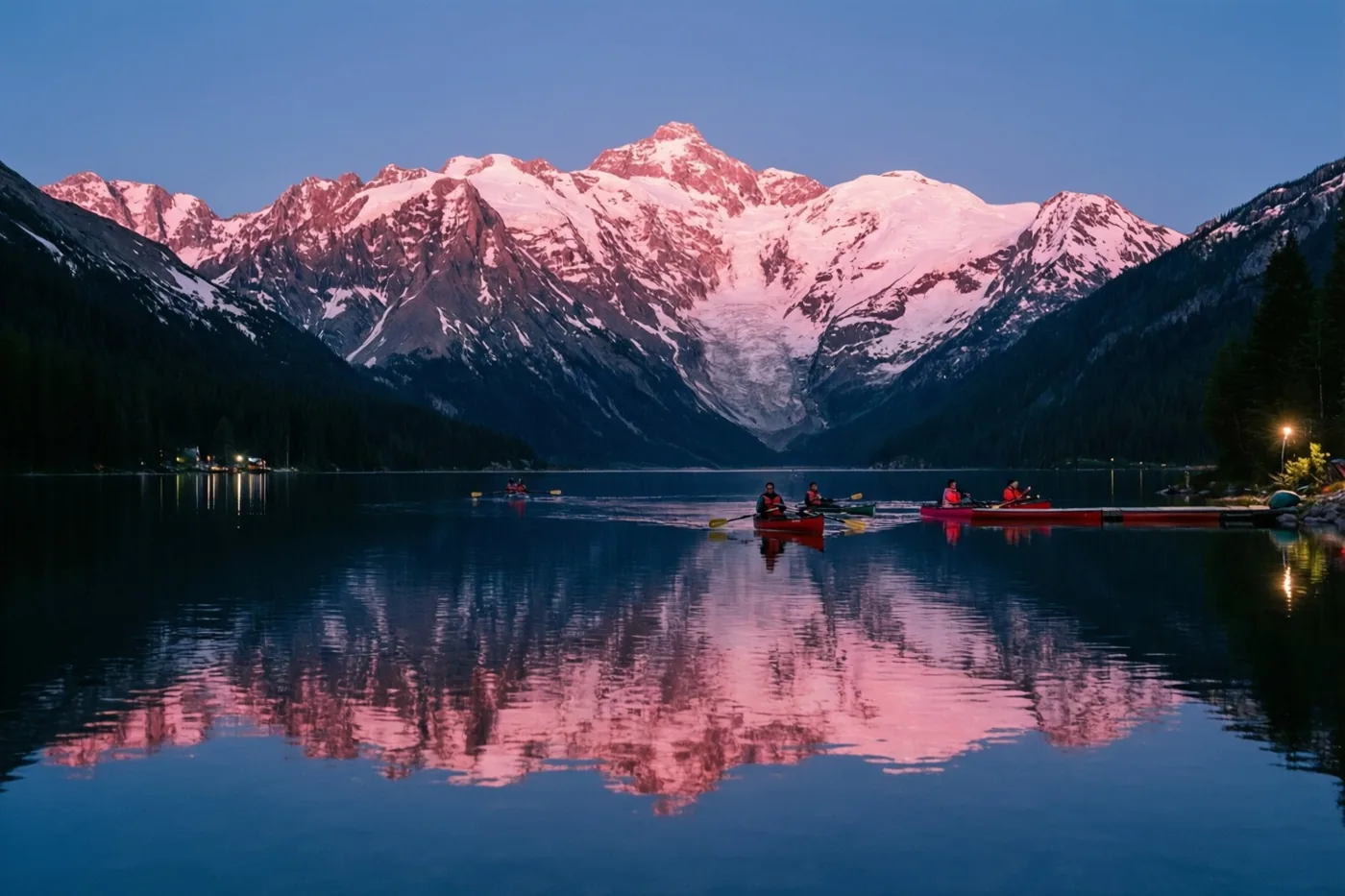 Besneeuwde bergen in roze ochtendlicht weerspiegelen in een kalm meer met enkele roeiboten, onder een diepblauwe en roze lucht.