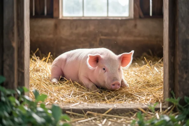 Een roze biggetje met hangoren ligt in goudgeel stro in een schuur, met zonlicht vanuit een raam en warme roze, gouden en bruine tinten.