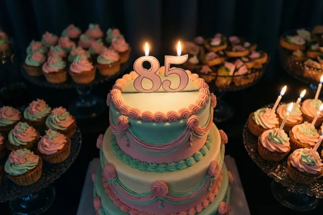 Een taart met verdiepingen, roze en blauwgroen glazuur, brandende kaarsjes en een papieren versiering met 85 staat tussen cupcakes tegen een donkere achtergrond in warm licht.