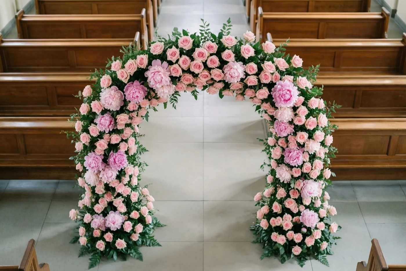 Een boog van roze rozen en pioenen staat aan het einde van een kerkgang met houten banken aan weerszijden.