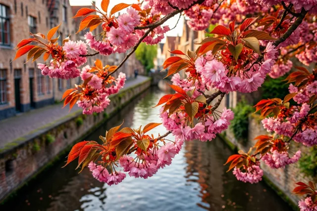 Roze kersenbloesems hangen boven een rustig kanaal met bakstenen gebouwen aan het water in een oud Vlaams stadje, in zacht licht.