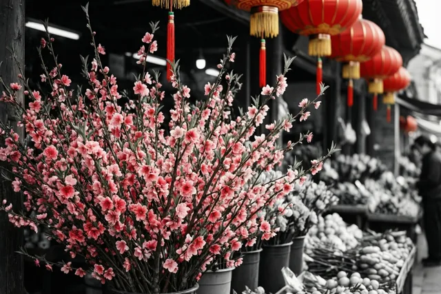 Roze perzikbloesems vullen een marktkraam tegen een zwart-witte achtergrond met hangende rode lantaarns.