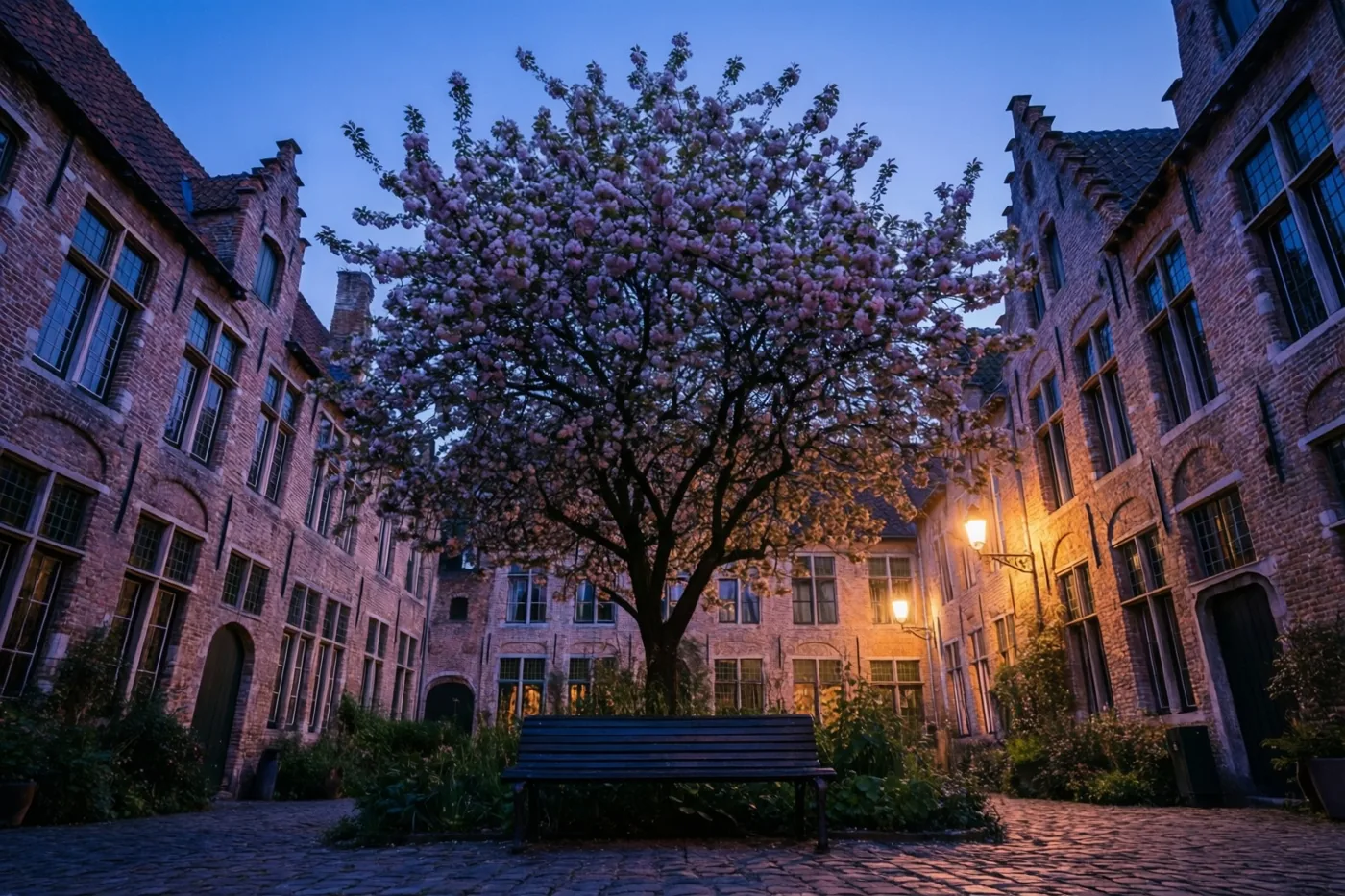 Een boom met roze bloesems staat op een gekasseid binnenplein tussen oude bakstenen gebouwen met puntdaken, in zacht schemerlicht en warme lampverlichting.