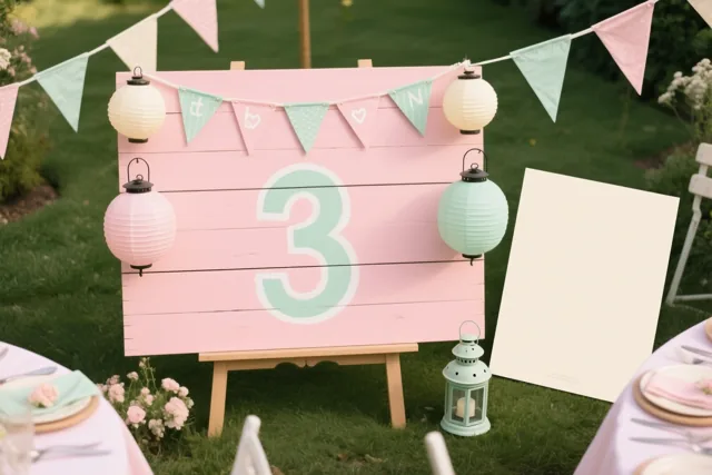 Een groot roze houten bord met het cijfer 3 staat in een tuin met vlaggetjes en papieren lampionnen, met tafels en stoelen op de voorgrond.