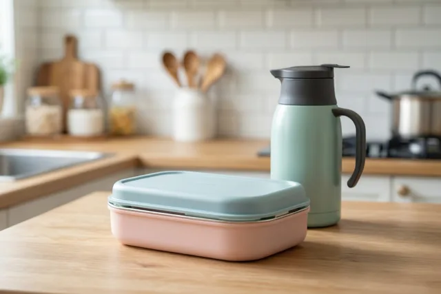 Een roze brooddoos met een lichtblauw deksel en een mintgroene thermos staan op een houten aanrecht in een lichte keuken met witte wandtegels.