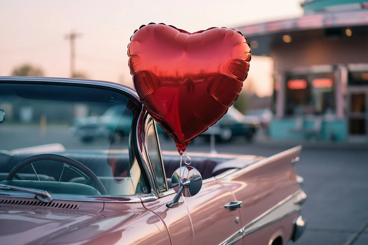 Een glanzende rode hartjesballon hangt aan de zijspiegel van een roze oude cabriolet bij een openluchtbioscoop voor auto's in de schemering.