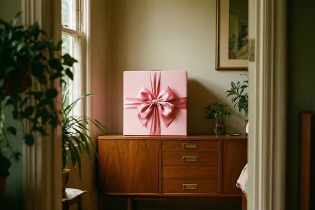Een grote roze geschenkdoos met een opvallende strik staat op een houten dressoir in een warm verlichte kamer met planten, een raam en een ingelijst schilderij.