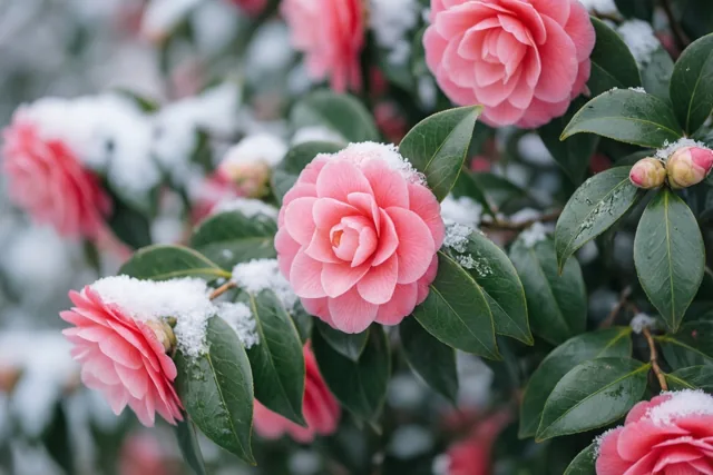 Een bloeiende roze cameliastruik is van dichtbij te zien met sneeuw op de glanzende groene bladeren en bloemblaadjes.