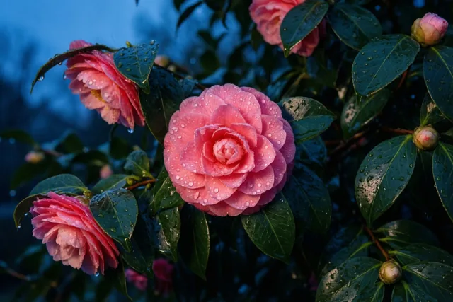 Frisse lente met roze camelia's