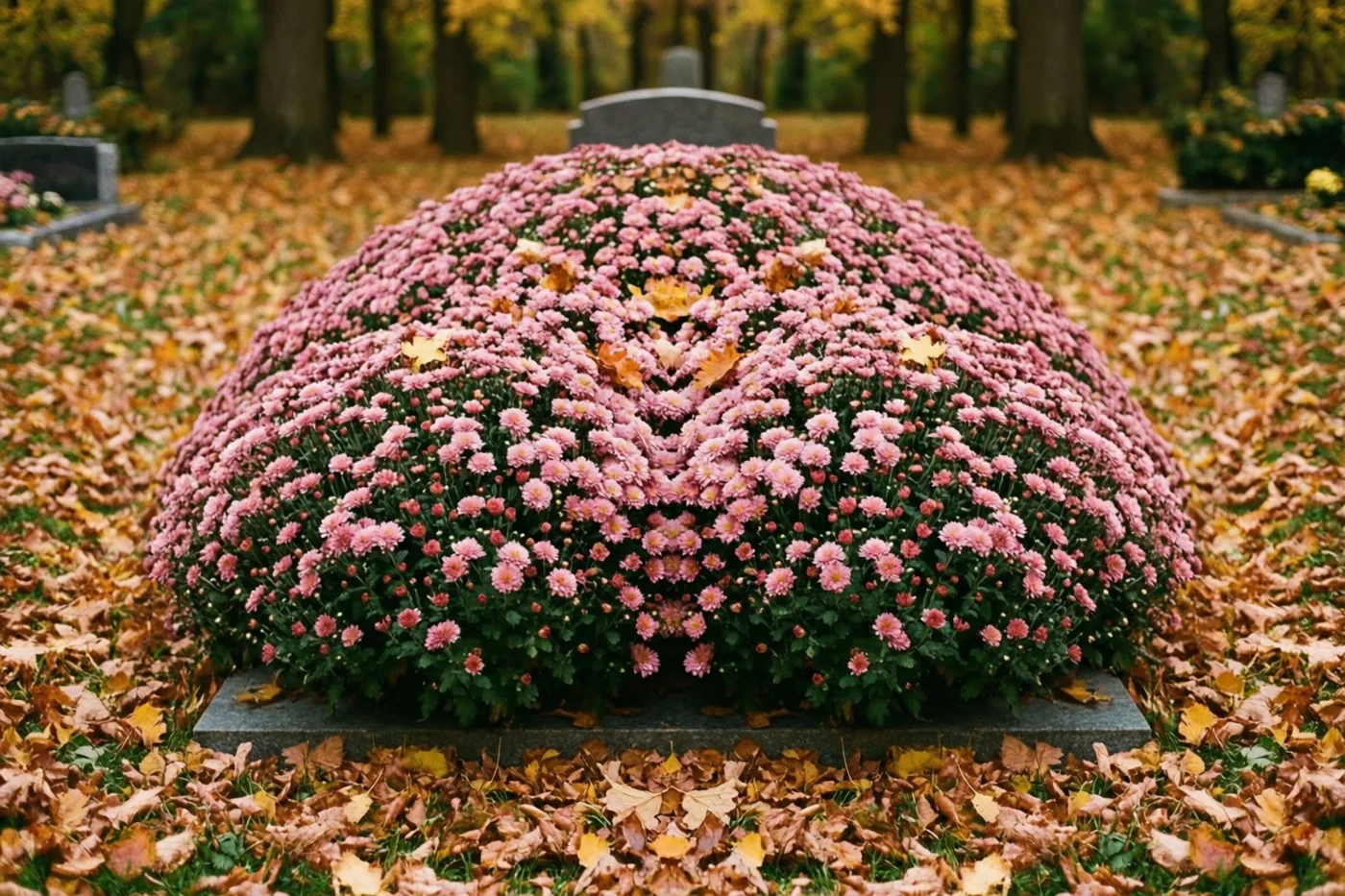 Een dichte koepel van kleine roze chrysanten bedekt een grafsteen tussen gevallen herfstbladeren op een beboste begraafplaats.