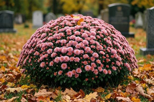 Een koepelvormig bloemstuk van kleine roze chrysanten bedekt een graf, omringd door gevallen gele en bruine bladeren in zacht daglicht.