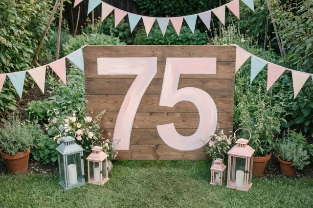 Een houten bord met 75 in lichtroze staat op het gras tussen pastelvlaggetjes, sierlantaarns, potplanten en wilde bloemen.
