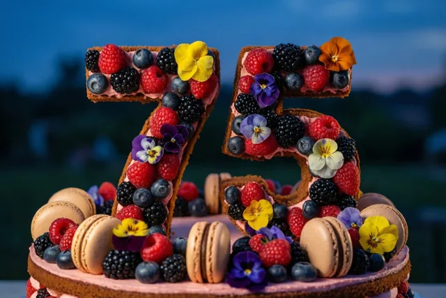 Een taart in de vorm van 75 met roze glazuur, frambozen, bramen, blauwe bessen, macarons en eetbare bloemen staat tegen een wazige buitenachtergrond.